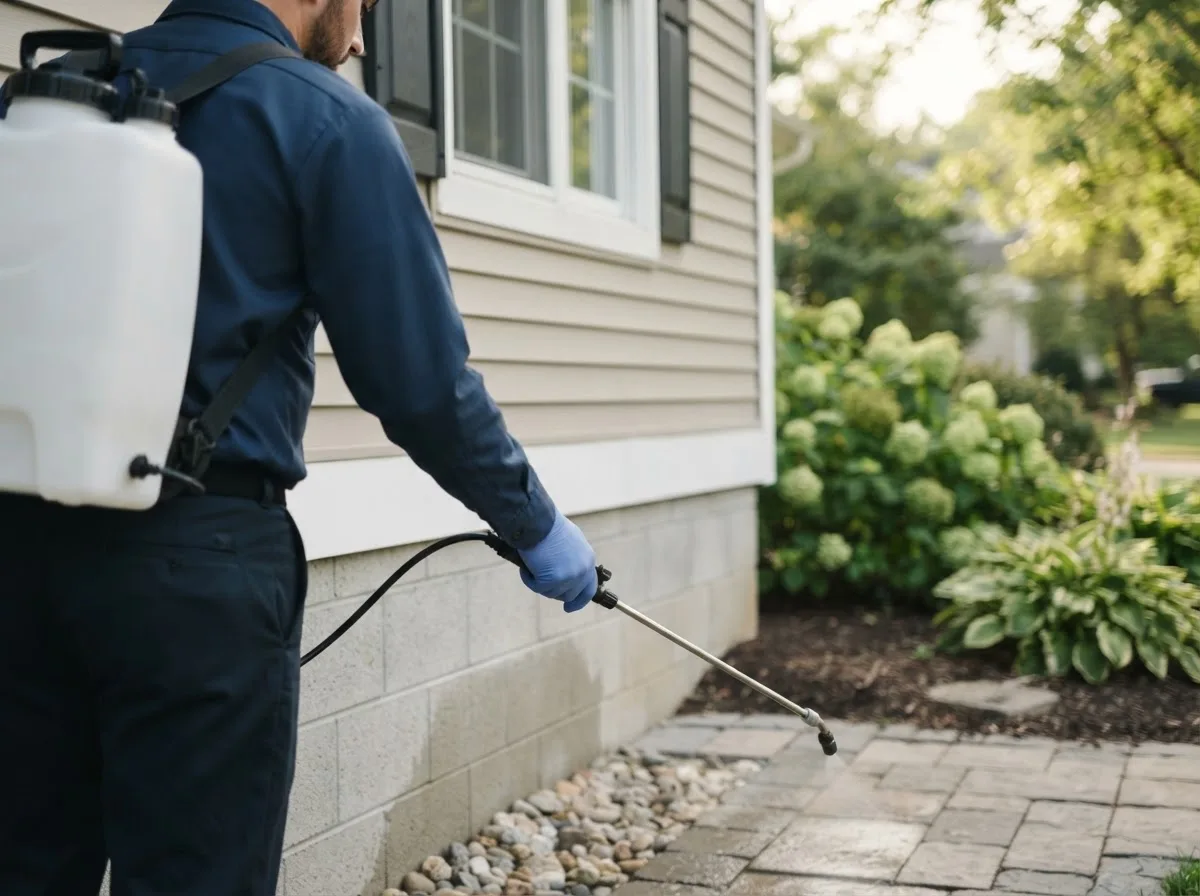 Pest control technician inspecting a home in Comstock, NE